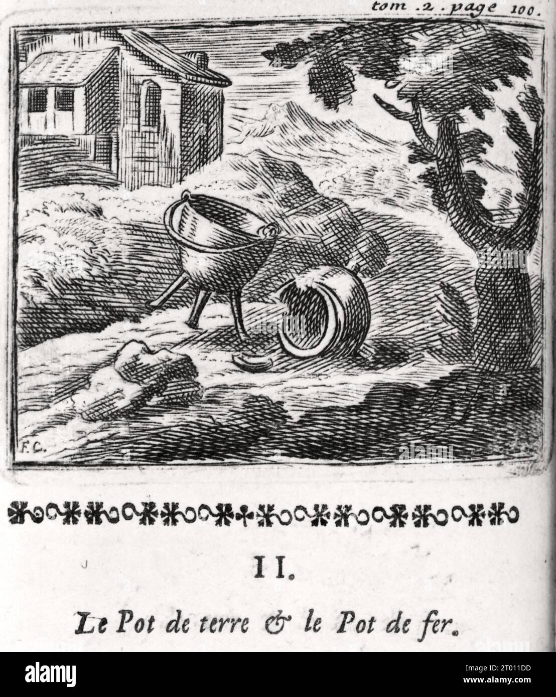 Le Pot de terre et le Pot de fer (The Iron pot and the Clay pot) The Fables  of La Fontaine, illustrated by François Chauveau. 1668 Stock Photo - Alamy