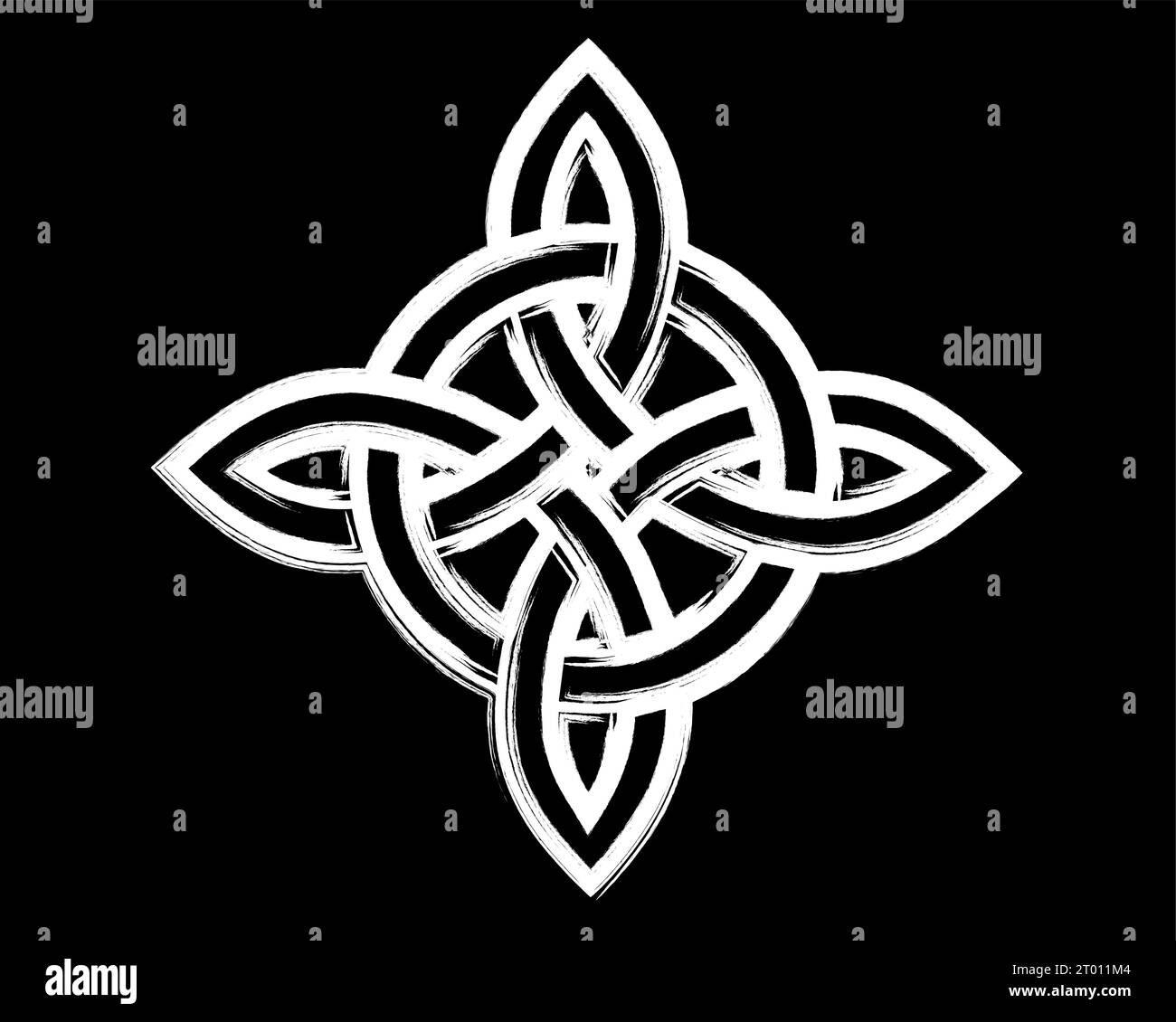 The Witch's Knot, Wicca symbol, Power of four elements, paint brush stroke style, white grunge celtic cross vector graphic design isolated on black Stock Vector