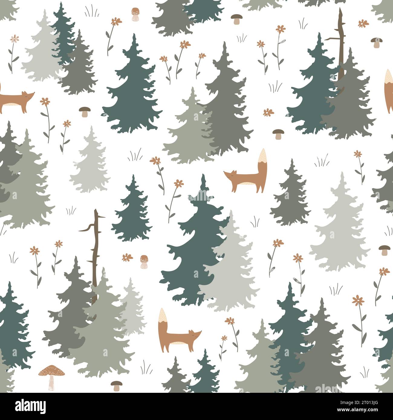 Seamless Forest pattern with cute foxes. Cartoon trees and flowers hand ...