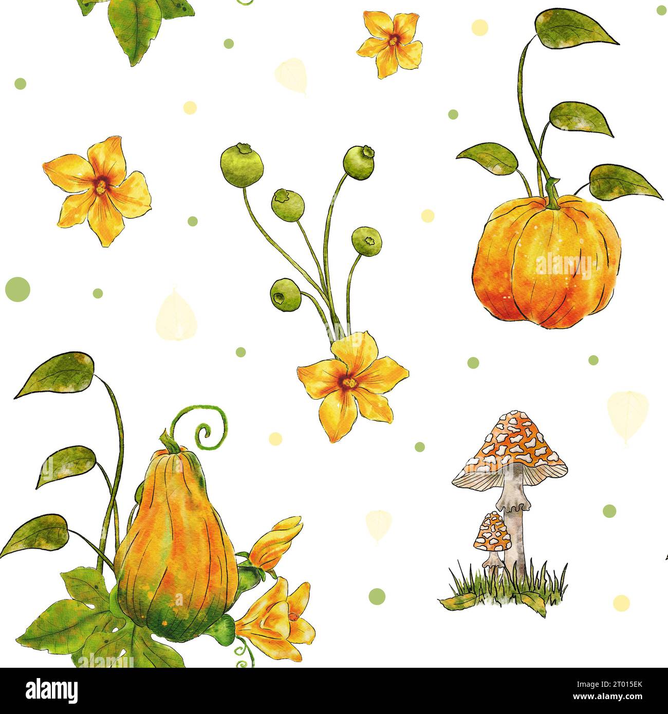 Watercolor autumn pattern with pumpkins and mushrooms. Pumpkin flowers ...