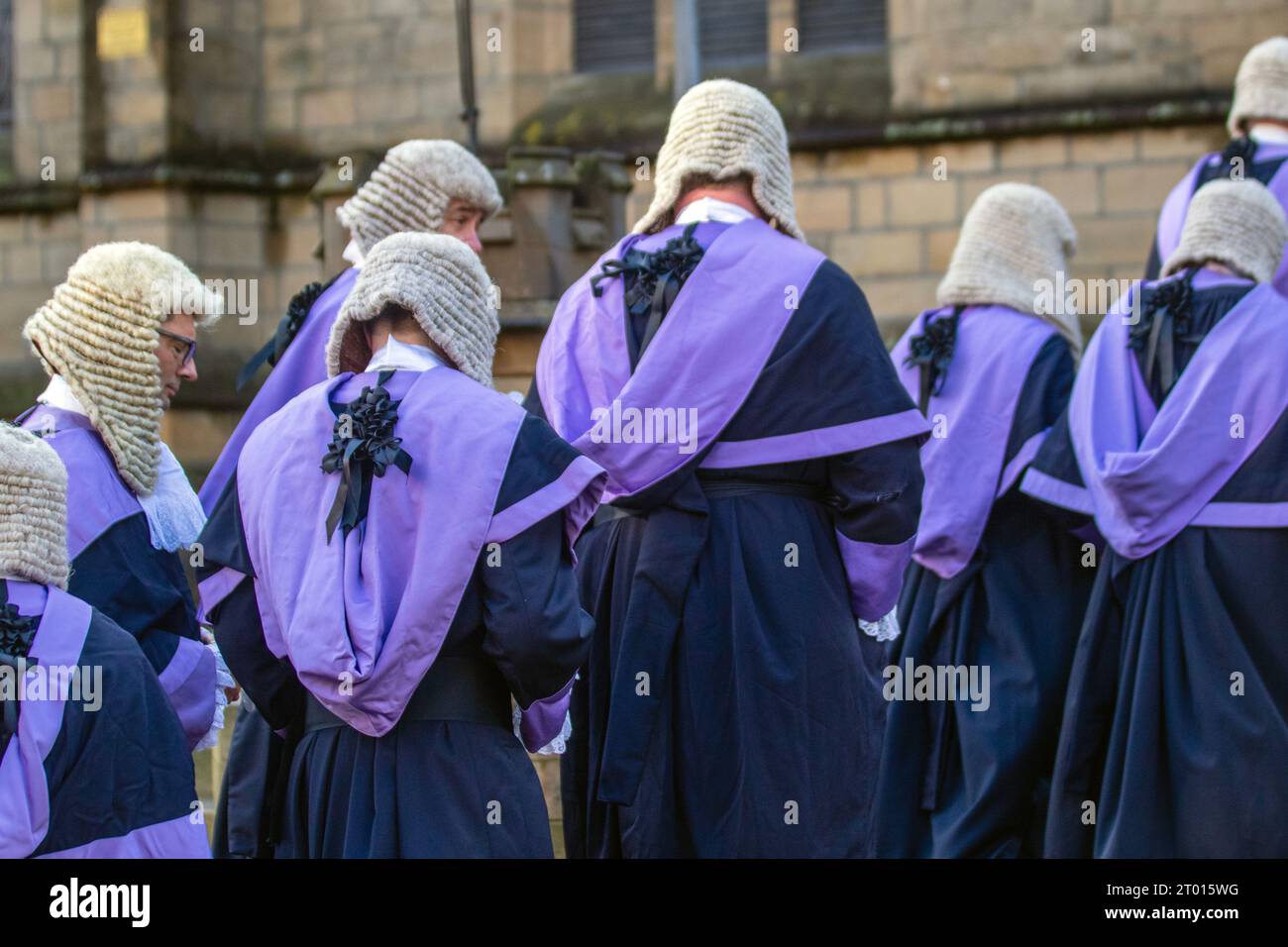 Preston, Lancashire. 3 Oct 2023. A procession through Preston to the Sessions house where the letters Patent, which replaced the commissioners of Oyer , and Terminer and others when the Crown Court replaced the Assizes were read. A short service was held at Preston Minister Church attended by The Clergy, the Select Vestry, The Lord Lieutenant, Circuit judges and recorders, honorary Freemen and Honorary Alderman wearing ceremonial dress. Credit; MediaWorldImages/AlamyLiveNews Stock Photo