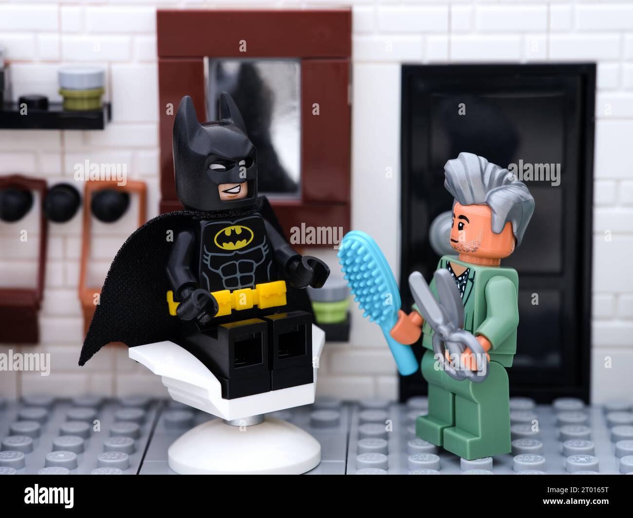 Tambov, Russian Federation - September 24, 2023 A Lego Batman minifigure in a barber shop getting a haircut Stock Photo