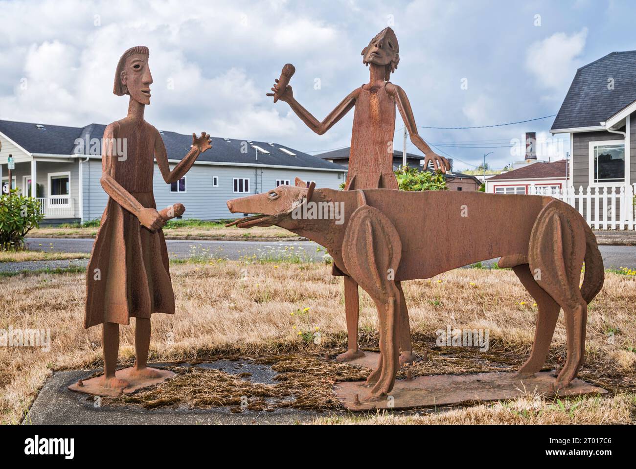 Steel statues by Hans Nelson in Raymond, Washington state, USA Stock