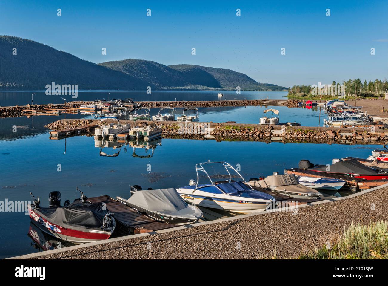 Boats at marina at Bowery Haven Resort, Fish Lake, Mytoge Mountains