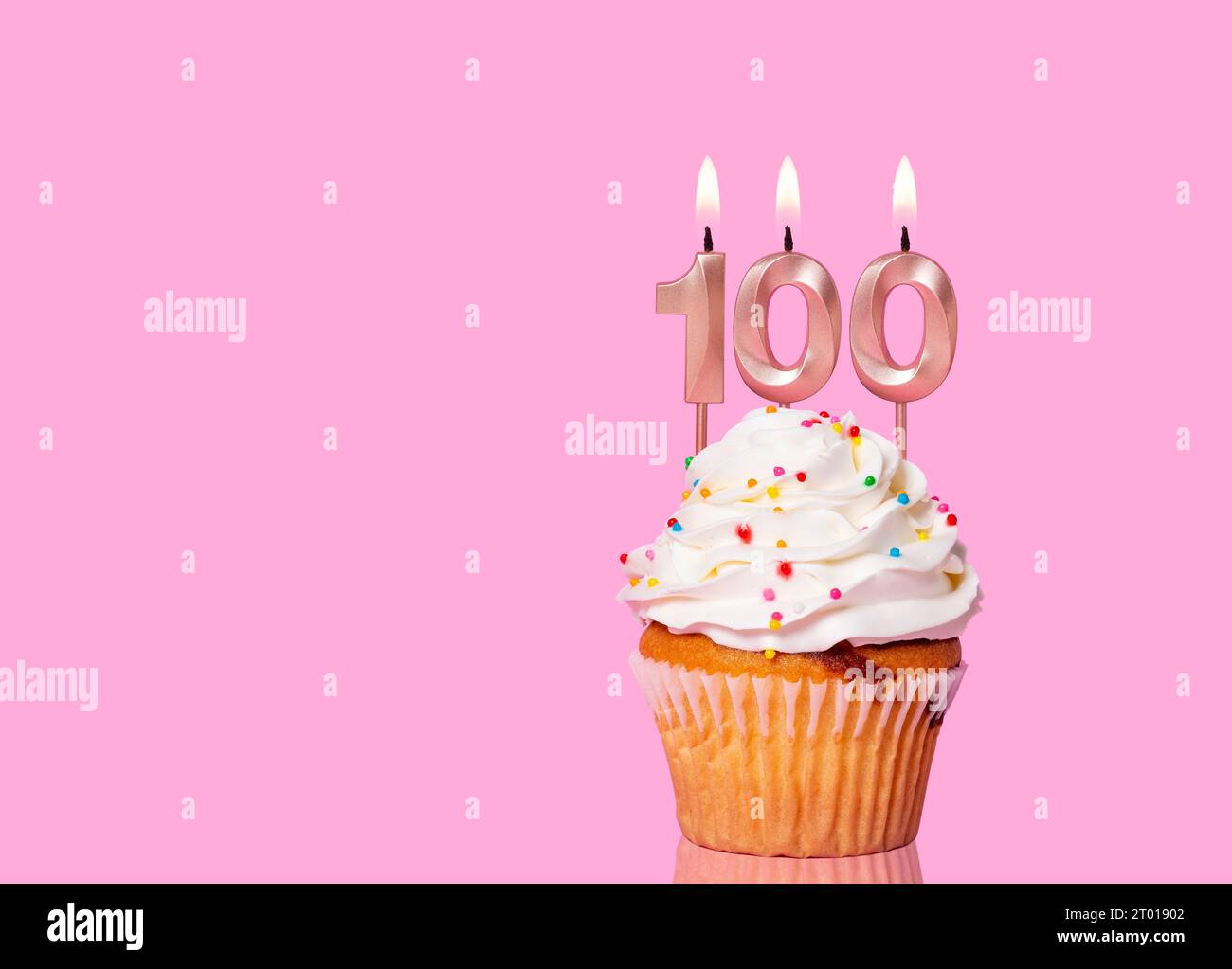 Birthday Cake With Candle Number 100 - On Pink Background. Stock Photo