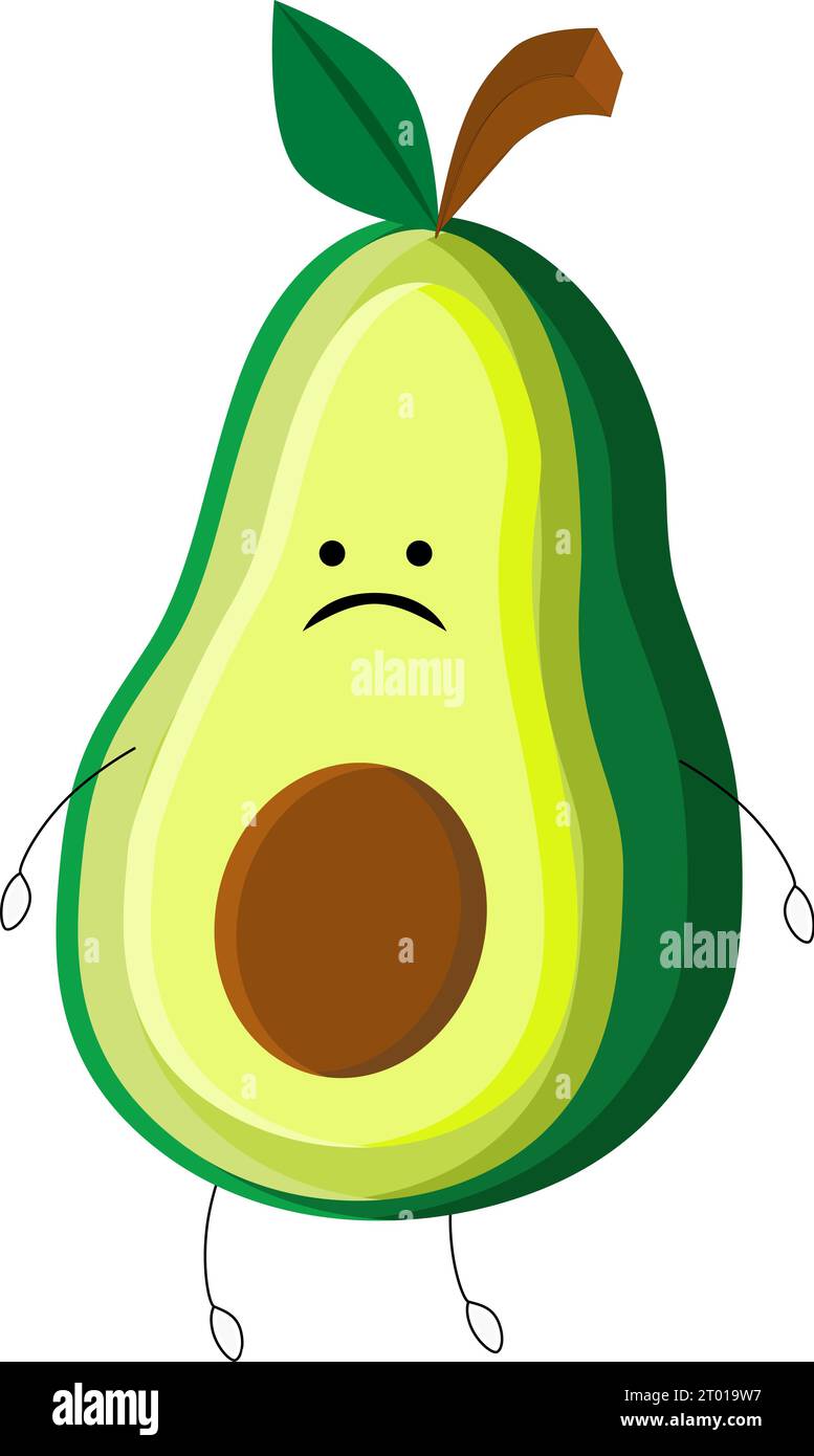 Avocado cartoon, vector design of cartoon avocado with a sad facial expression Stock Vector