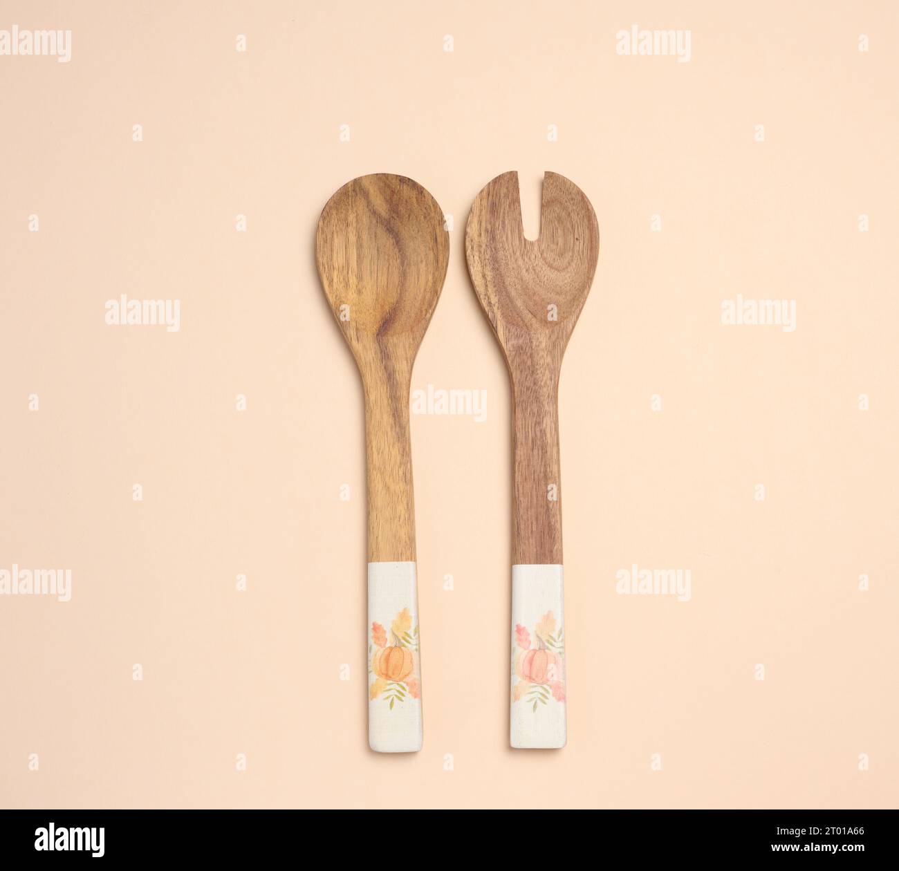 Empty wooden vintage fork and spoon with long handle, top view Stock Photo