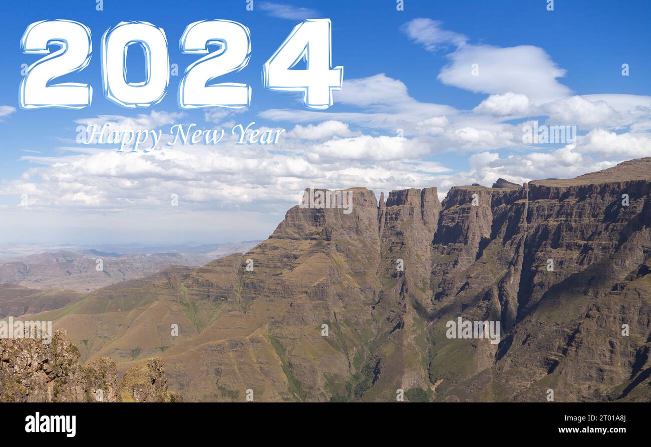 Happy New Year 2024: The Amphitheatre in the Royal Natal National Park, KwaZulu-Natal, South Africa Stock Photo
