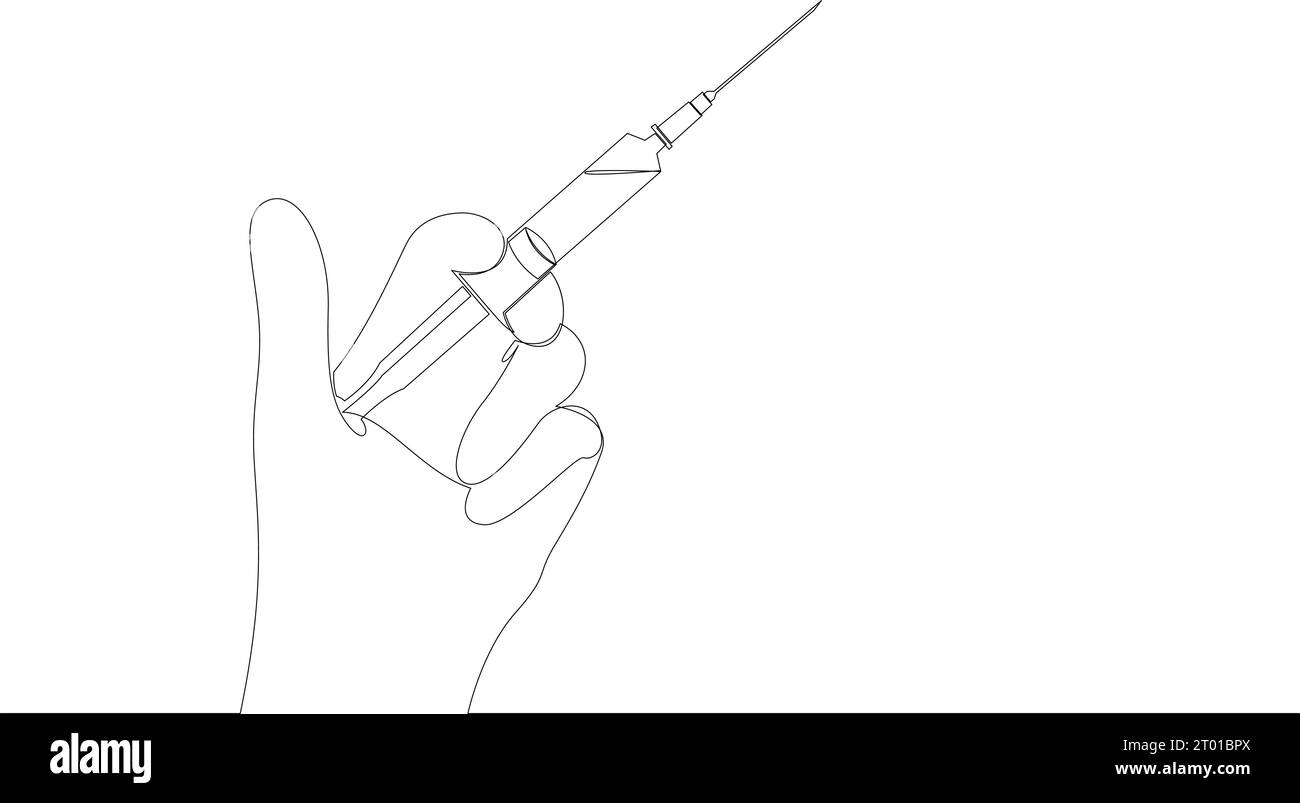 Hand holding syringe with needle continuous one line drawing. Vaccination, health care injection concept drawn by single line. Vector illustration Stock Vector