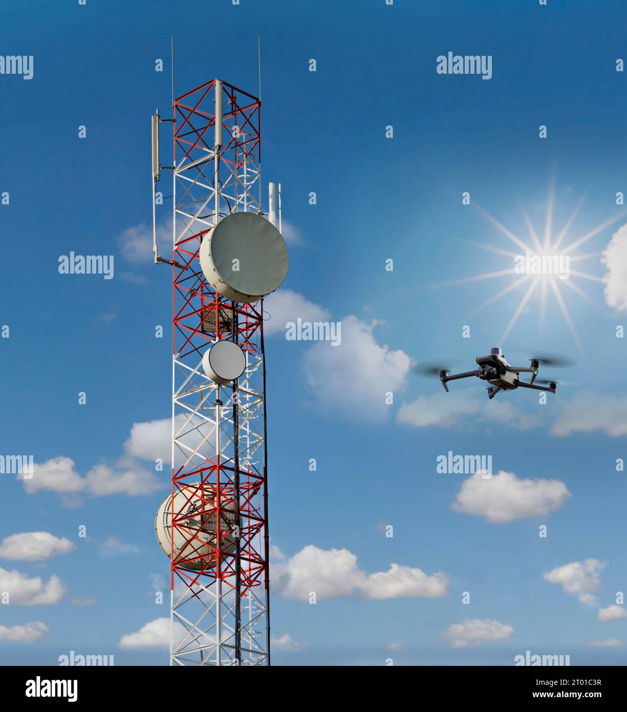 managing the telecoms infrastructure, drone uav inspection technology on examining the cellular radio towers structure and defects , for further repai Stock Photo