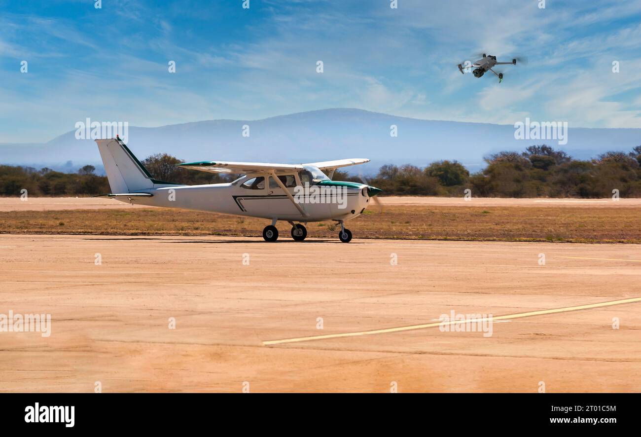 drone flying in a restricted zone at a small airport terminal forbitten