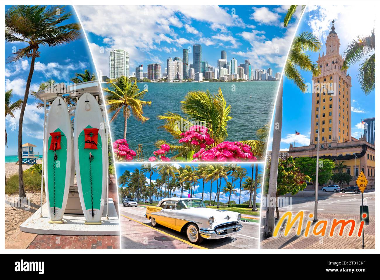 City of Miami landmarks tourist postcard view with label, Florida state, United states of America Stock Photo