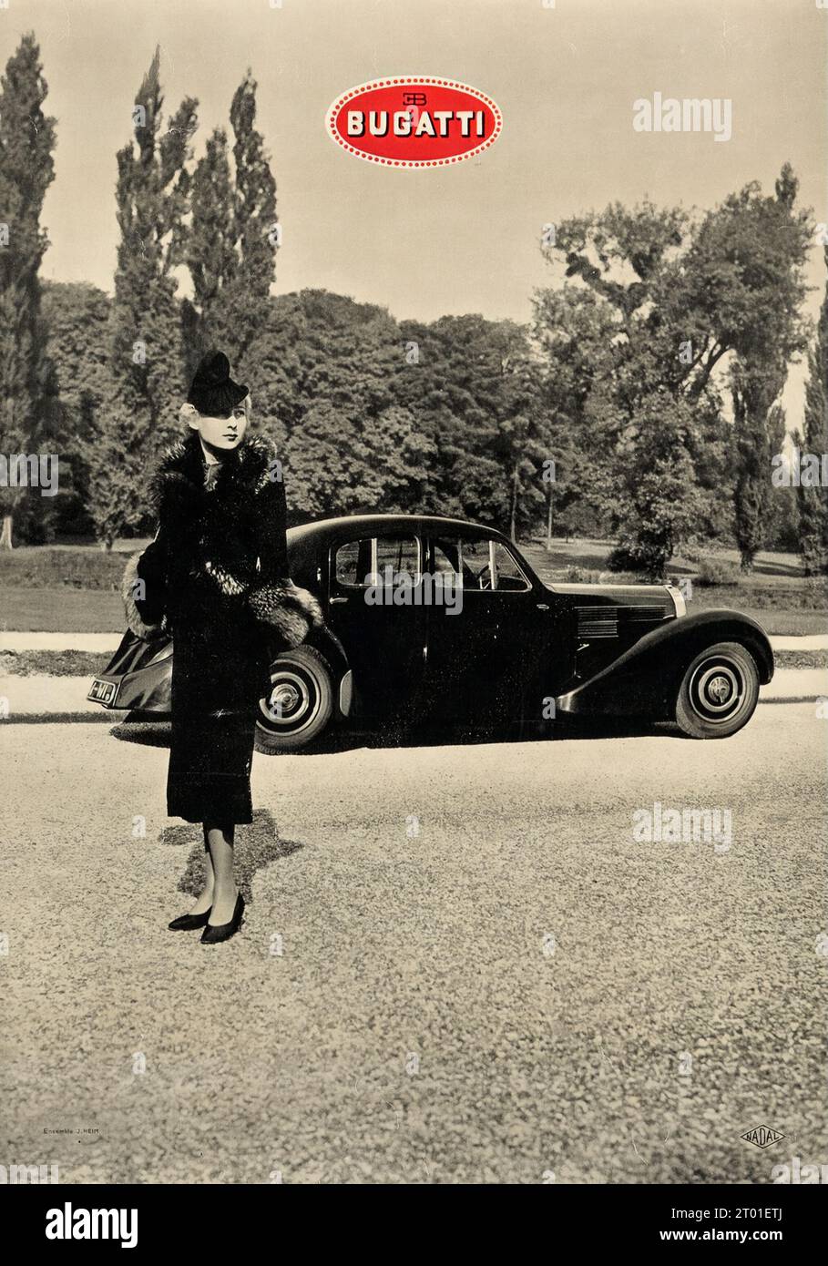 Bugatti (c.1930s). Vintage car - Old Advertising Poster for Bugatti, feat. a dressed up lady. Stock Photo