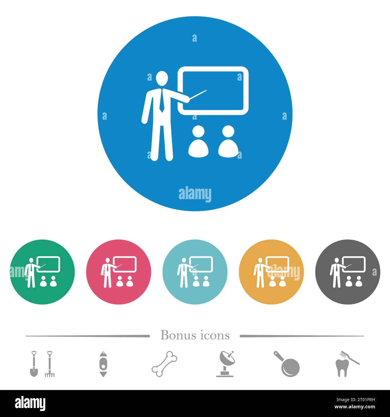 Training with students flat white icons on round color backgrounds. 6 ...
