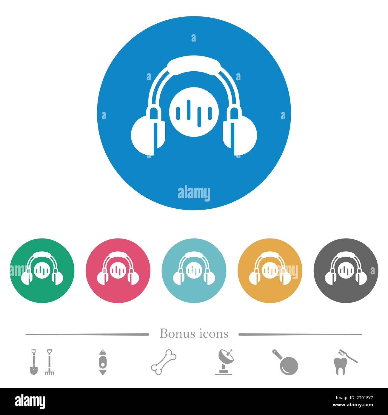 Music listening flat white icons on round color backgrounds. 6 bonus ...