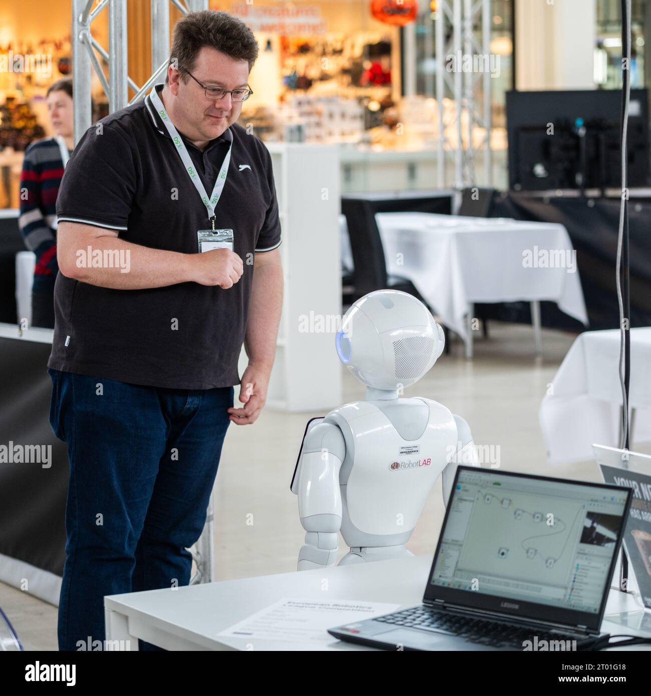Pepper the hospitality robot from Robot Lab at Milton keynes smart city Robotics competition 2023. Stock Photo