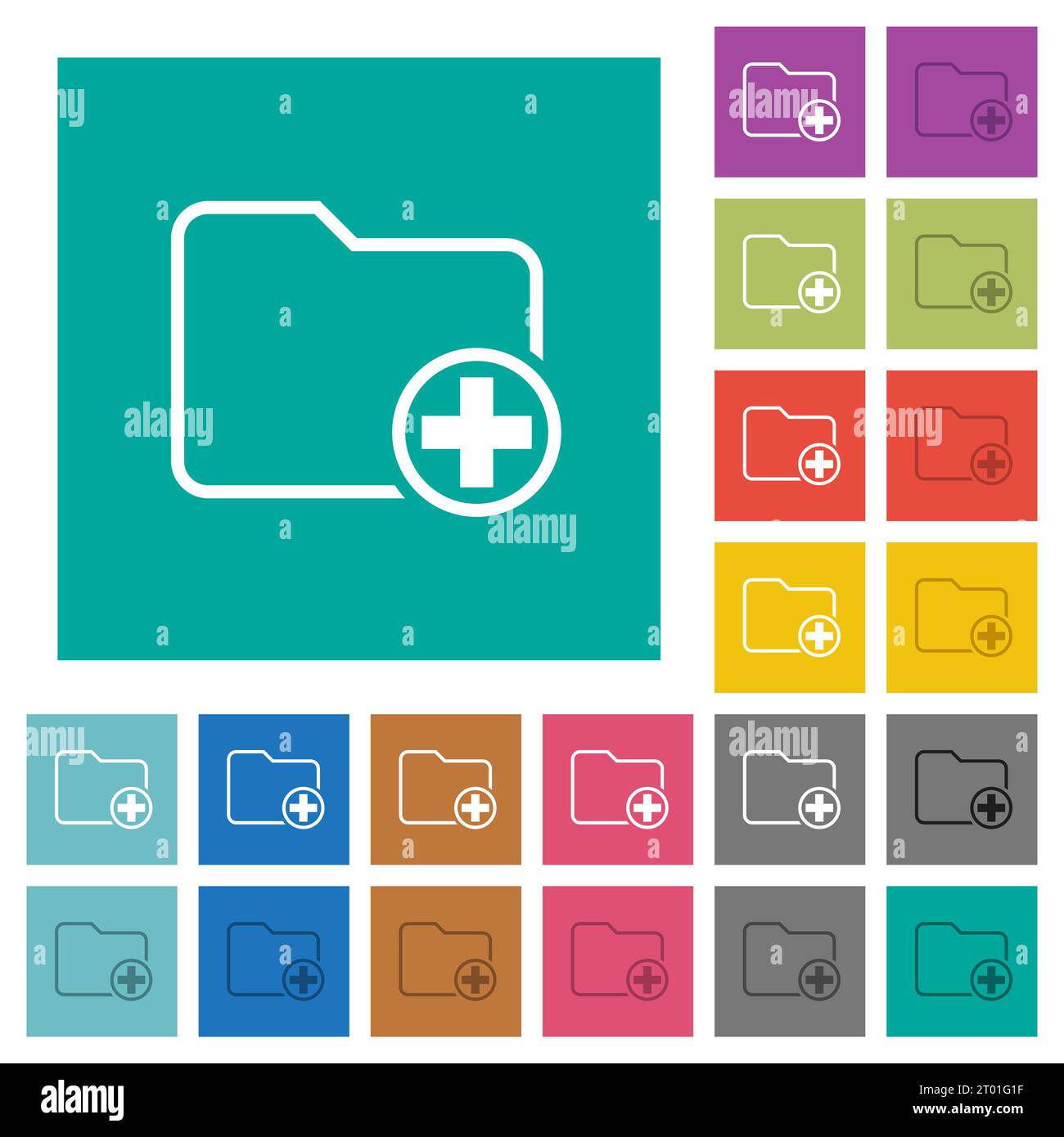 Add new directory multi colored flat icons on plain square backgrounds. Included white and darker icon variations for hover or active effects. Stock Vector