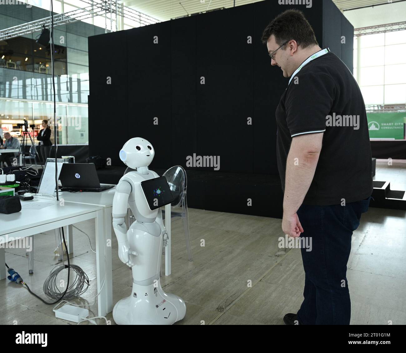 Pepper the hospitality robot from Robot Lab at Milton keynes smart city Robotics competition 2023. Stock Photo