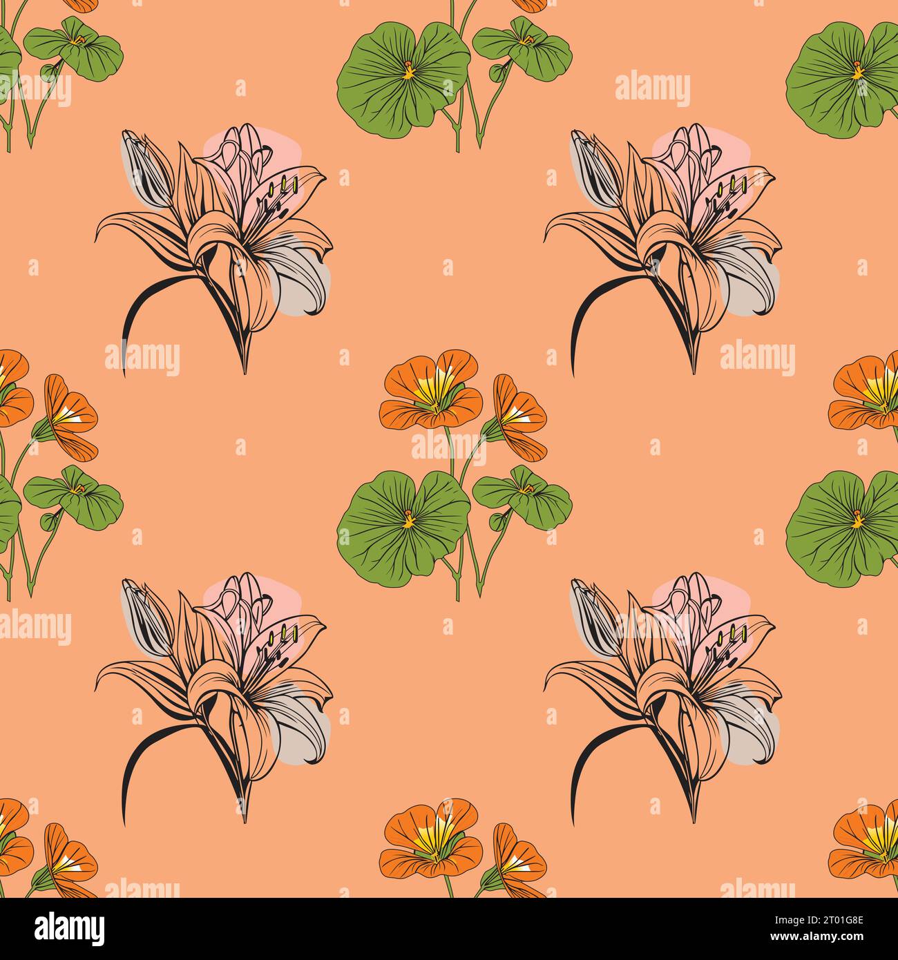 Flower flat style seamless pattern, vector design, Stock Vector