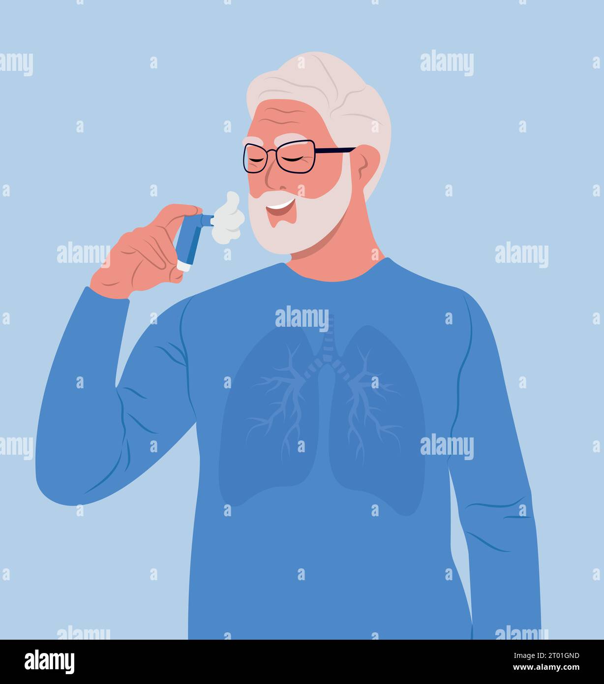 Bronchial asthma. World Asthma Day. Elderly man using an asthma inhaler