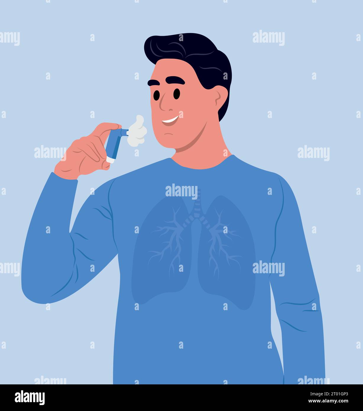 Young smiling man using an asthma inhaler. World Asthma Day. Allergy ...