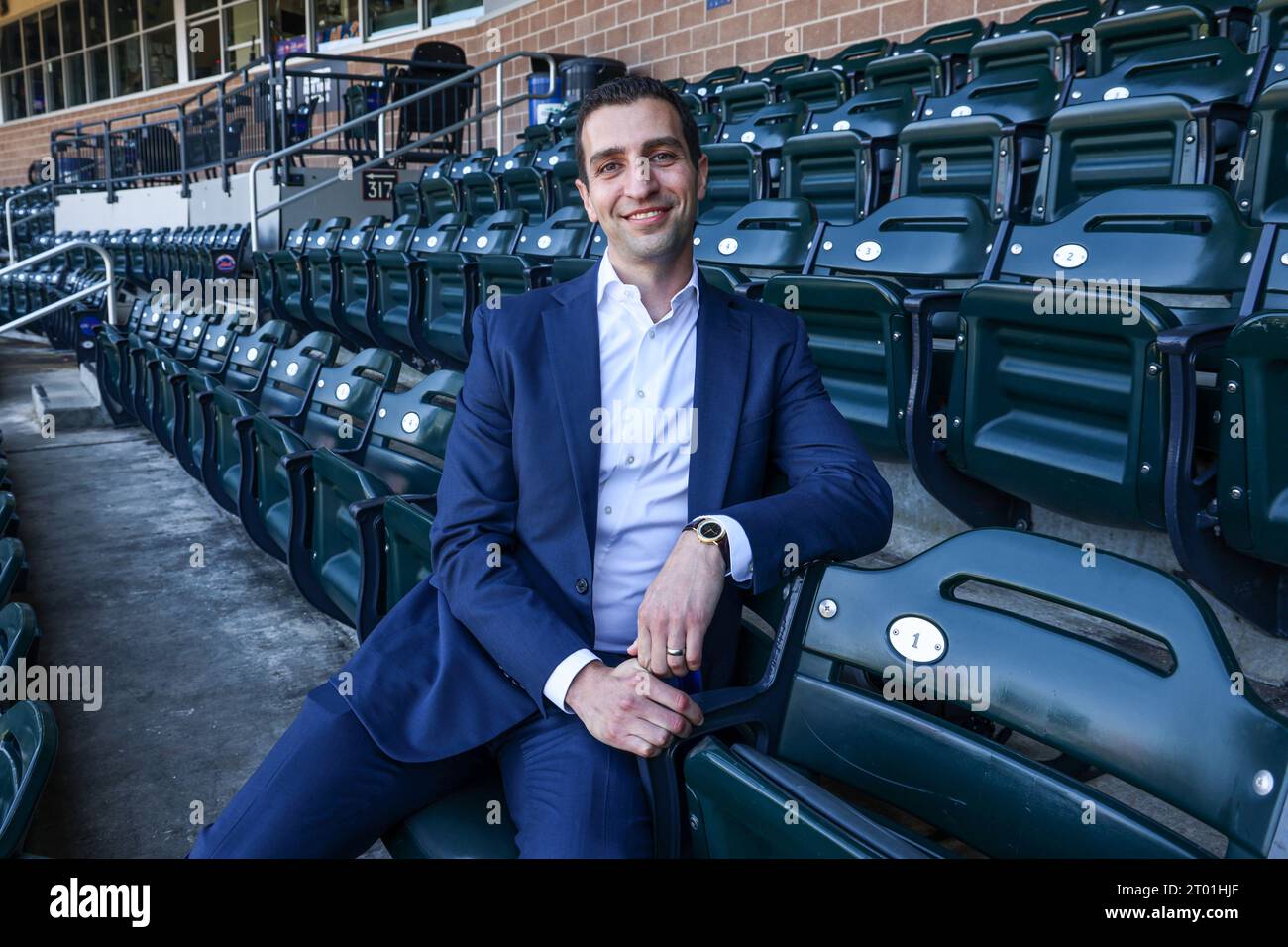 New York Mets President Of Baseball Operations David Stearns poses for a photo after introduced at a press conference at Citi Field in Corona, New York, Monday, Oct. 2, 2023. (Photo: Gordon Donovan) Stock Photo