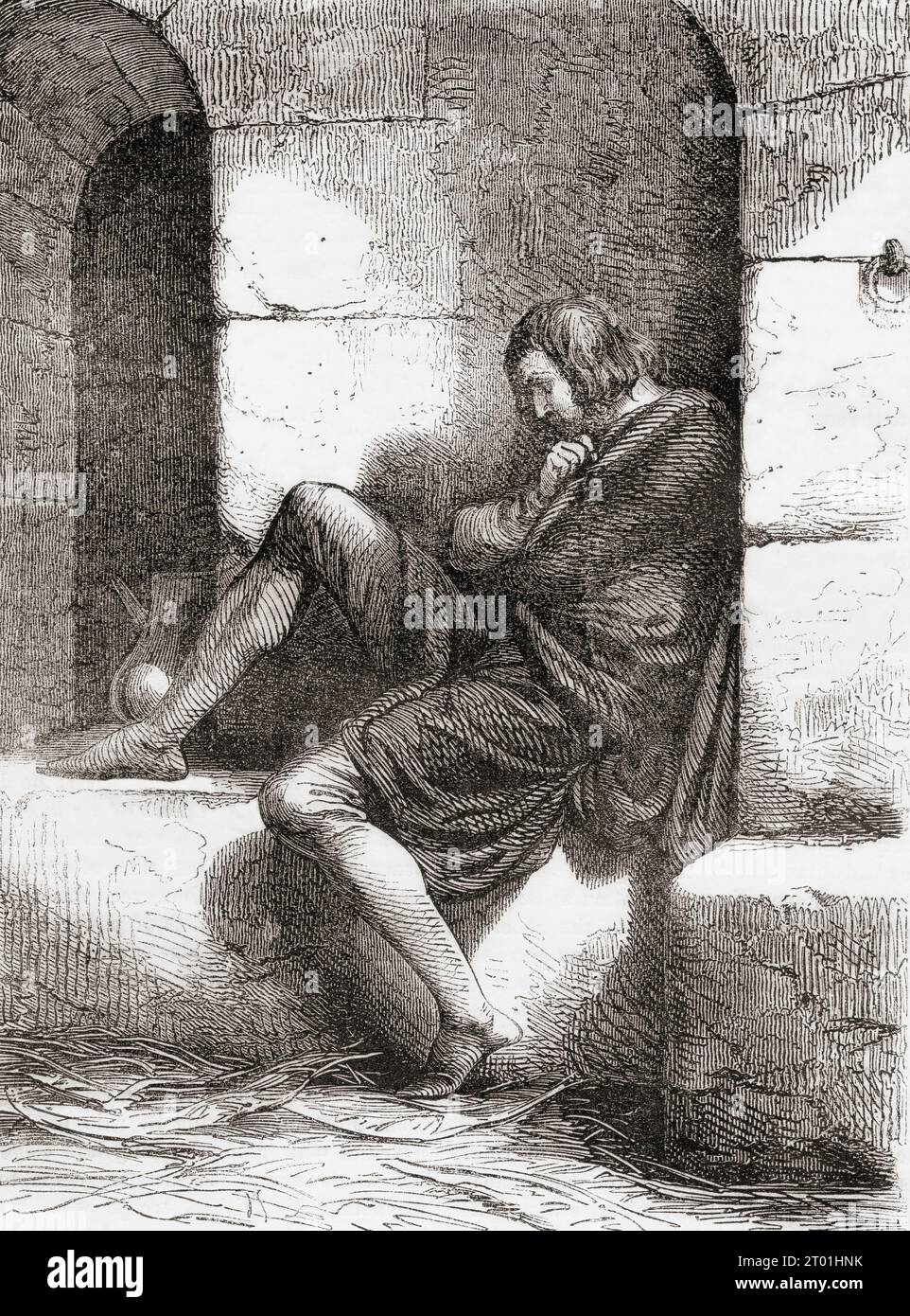 Robert II of Normandy, or Robert Curthose, c. 1051 –1134.  Eldest son of William the Conqueror who succeeded his father as Duke of Normandy in 1087 and unsuccessful claimant to the English throne. Seen here in prison in Cardiff castle after being imprisoned in Devizes Castle in Wiltshire for twenty years after his defeat by Henry I at the Battle of Tinchebray.  From Cassell's Illustrated History of England, published 1857. Stock Photo
