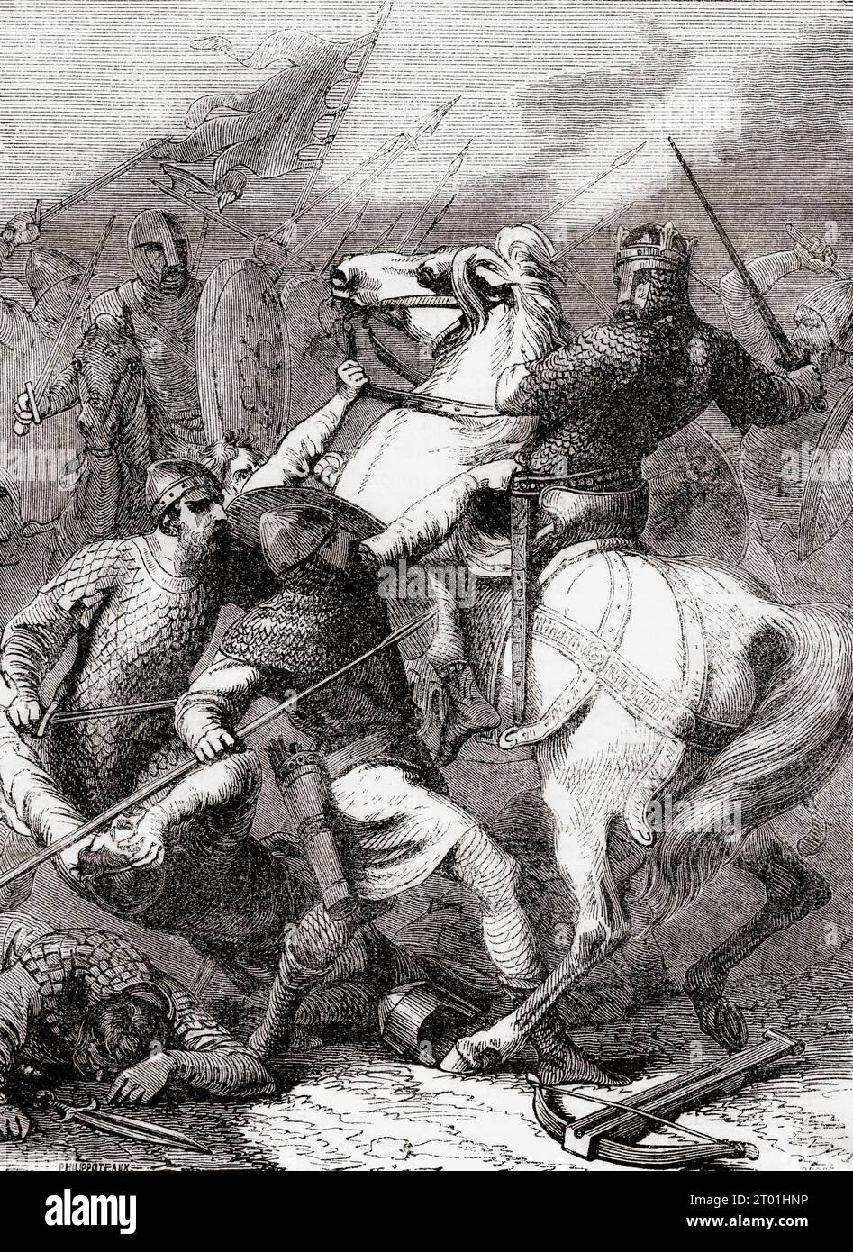 Stephen taken prisoner during the Battle of Lincoln, or the First Battle of Lincoln, 2 February 1141. Stephen, c.1092/1096 – 1154, aka Stephen of Blois.  King of England. From Cassell's Illustrated History of England, published 1857. Stock Photo