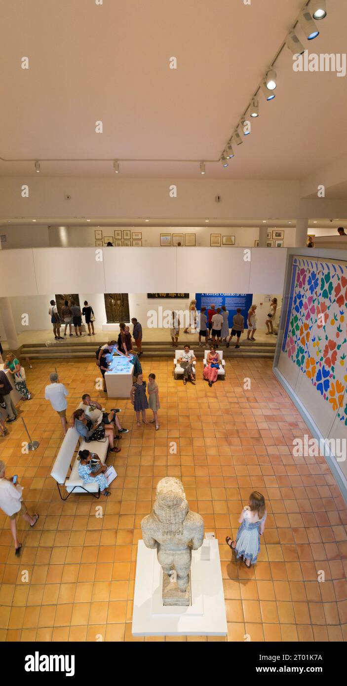 Panoramic interior reception vestibule of the modern wing of the Musee Matisse gallery building in Nice, France. The picture to right is 'Fleurs et Fruits'. (135) Stock Photo