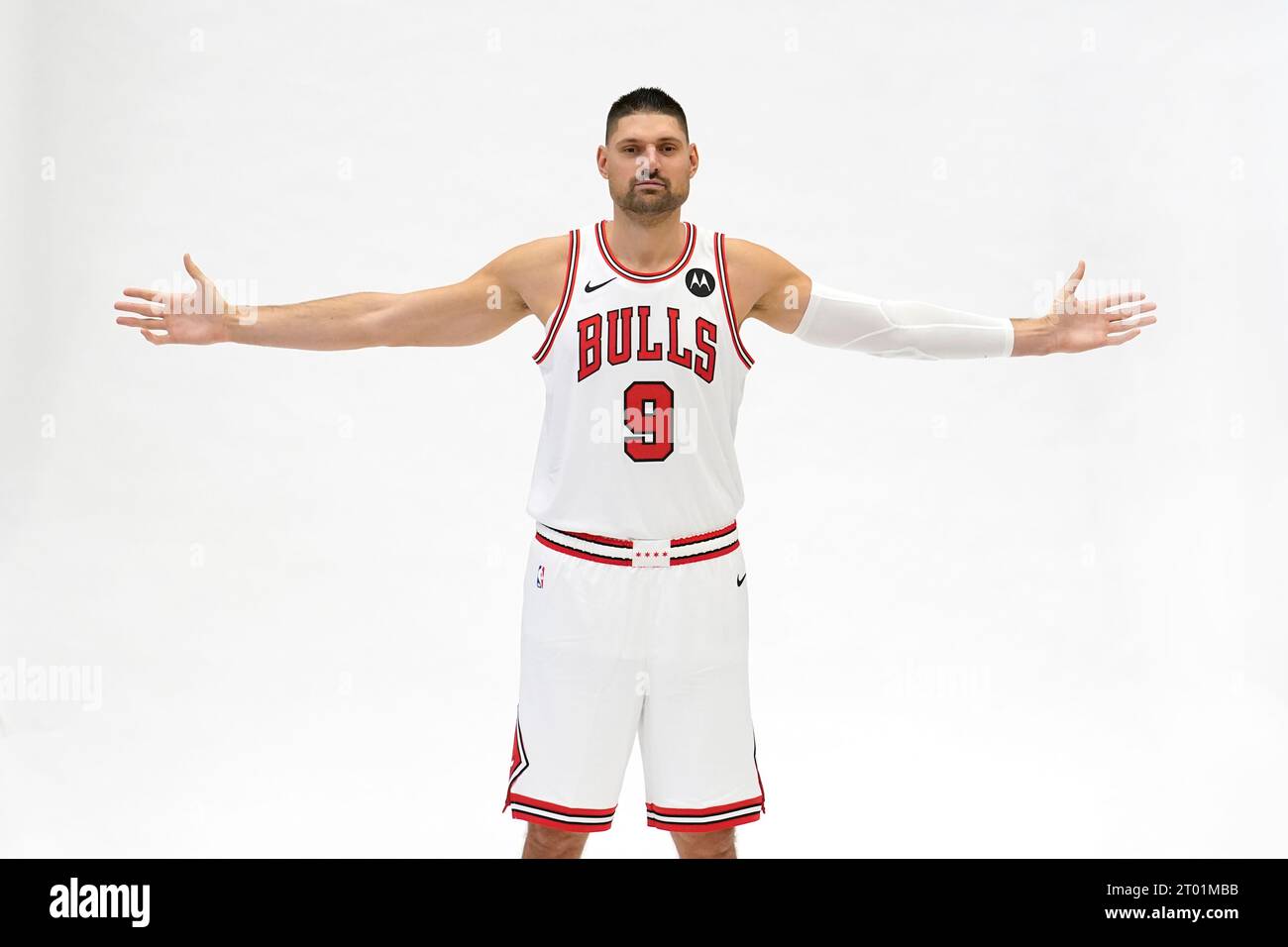 Chicago Bulls center Nikola Vucevic displays his wingspan during the NBA  basketball team's media day Monday, Oct. 2, 2023, in Chicago. (AP  Photo/Charles Rex Arbogast Stock Photo - Alamy