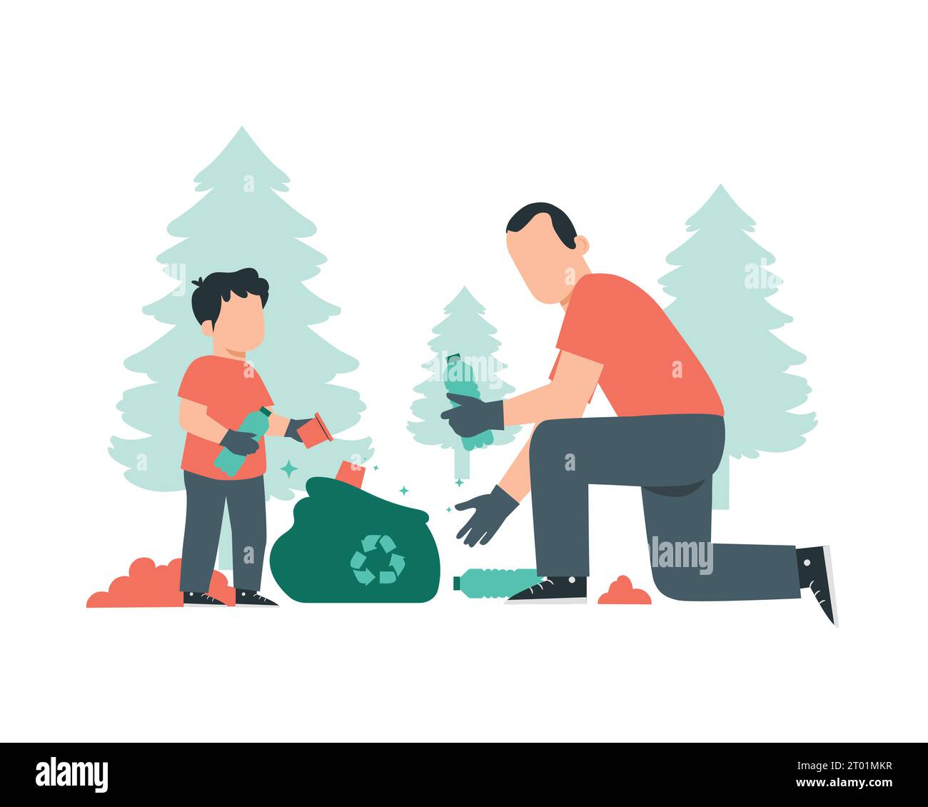 Father and son planting a tree. Flat vector illustration isolated on white background for sustainable practice concept. Stock Vector