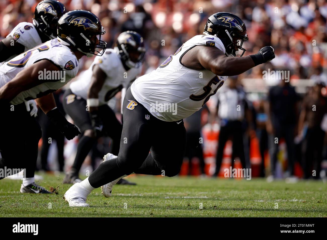 Baltimore Ravens nose tackle Michael Pierce (58) runs off of the line of  scrimmage during an NFL football game against the Cleveland Browns, Sunday,  Oct. 1, 2023, in Cleveland. (AP Photo/Kirk Irwin