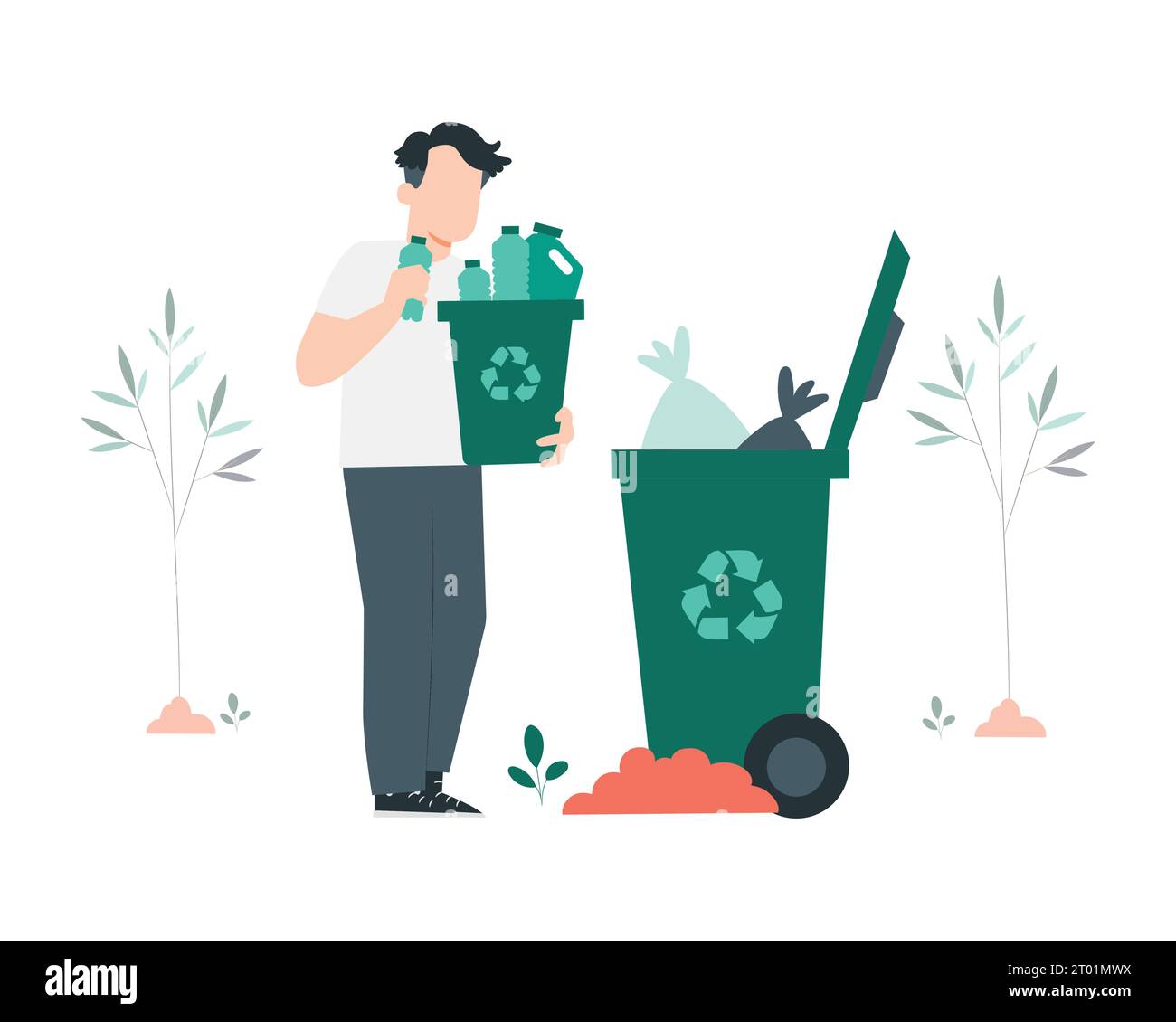 Volunteer throwing garbage into trash can. Flat style vector