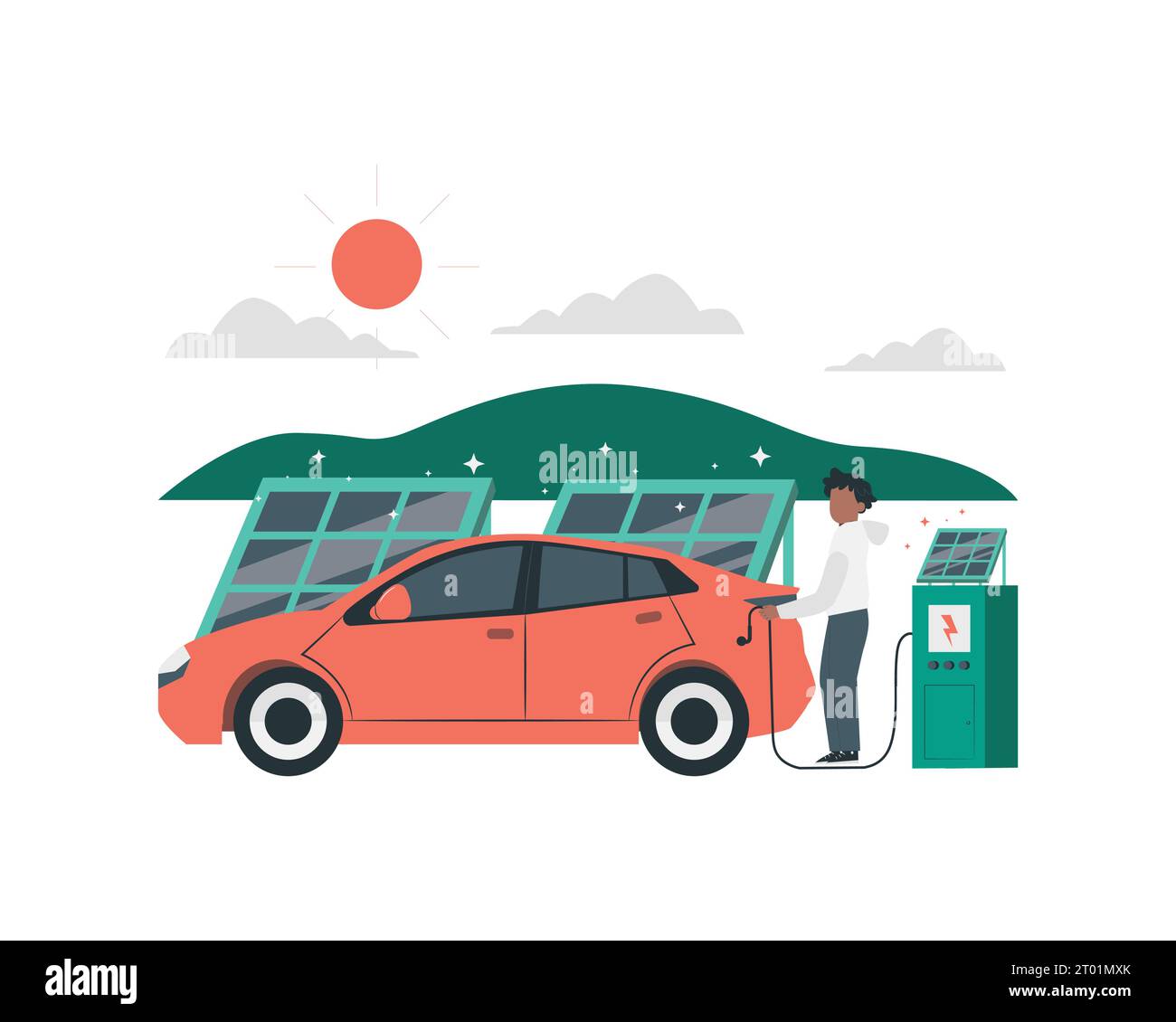 A man charges electric car at the solar charging station. Flat color vector faceless character on white background for sustainability practices concept Stock Vector