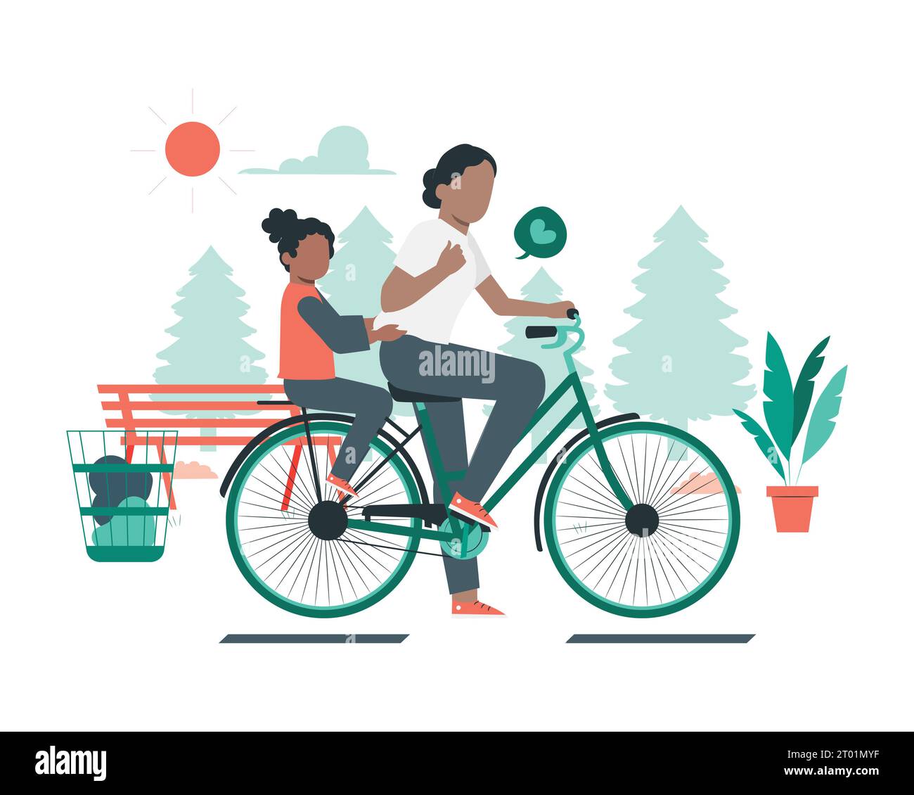 Mother and son riding a bicycle in the park. Flat vector green living for sustainability practices at home illustration. Stock Vector
