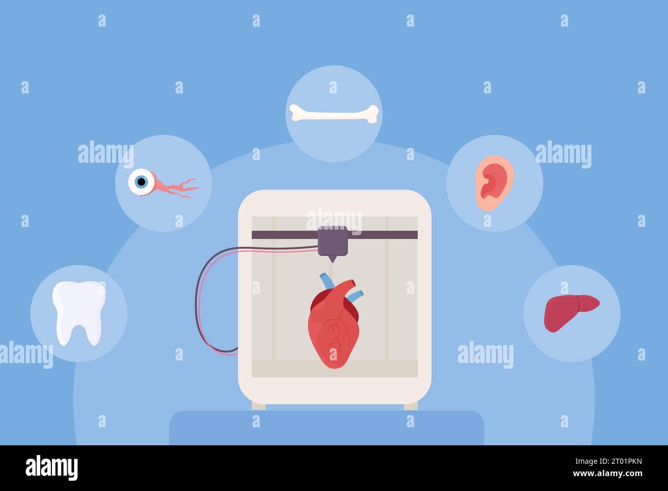 Set 3d printing, bioprinting, artificial organs, prosthetics, synthetic. Liver, arm, ear, eye, bone, heart. Vector illustration Stock Vector