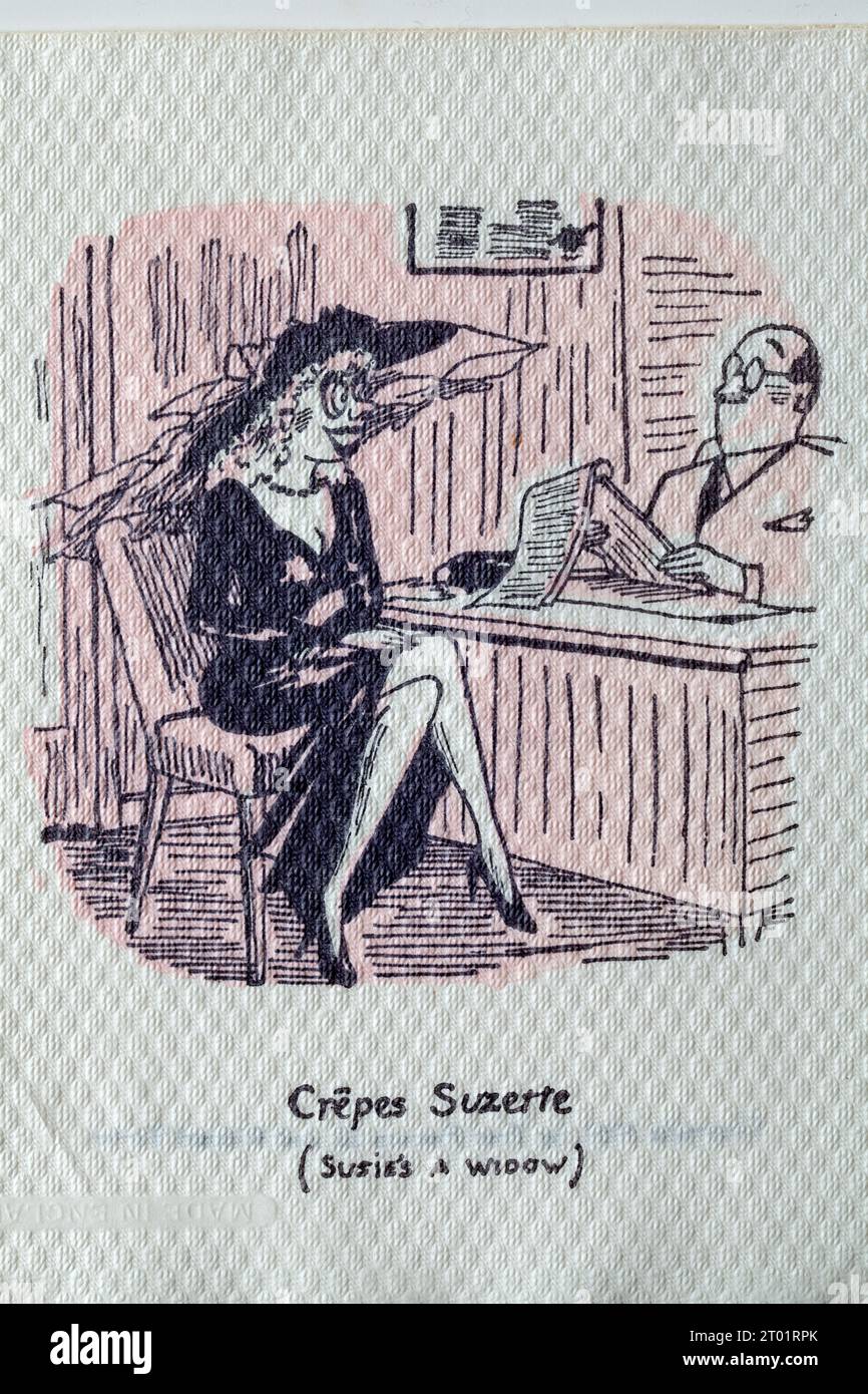 1950s Cartoon Napkin - French Language Joke - Crepe Suzette Stock Photo