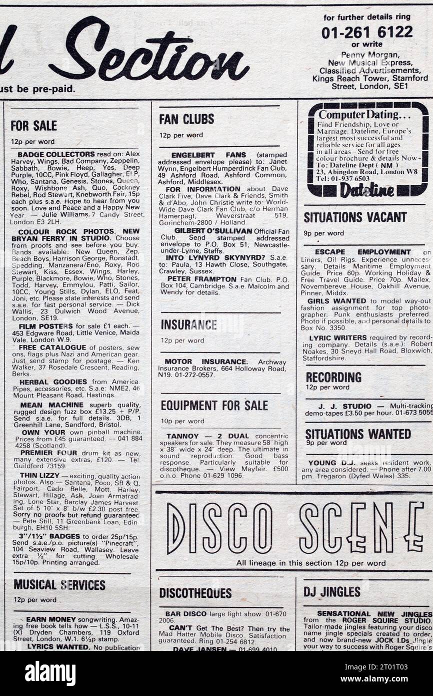 Small Adverts in 1970s issue of NME New Musical Express Music Paper - Fan Clubs Stock Photo