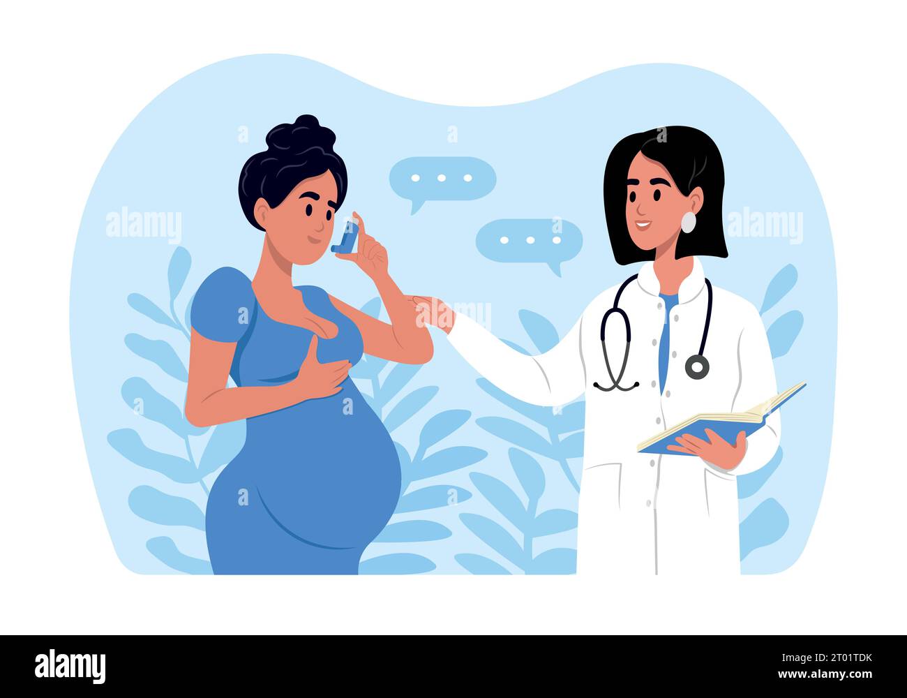 The doctor tells a pregnant woman how to use an inhaler during an