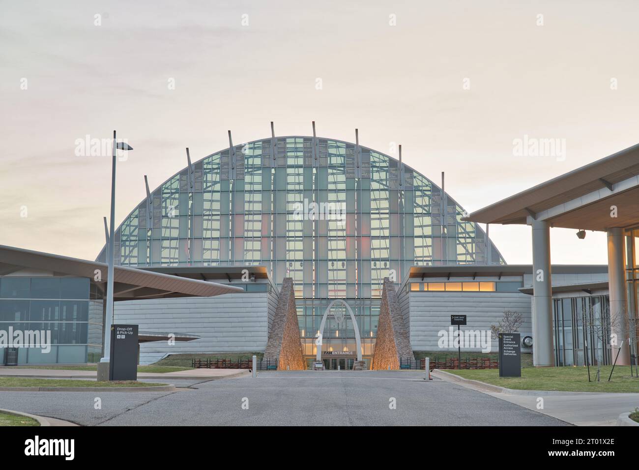 View of First Americans Museum from entrance road with Touch to Above and Hall of the People Stock Photo