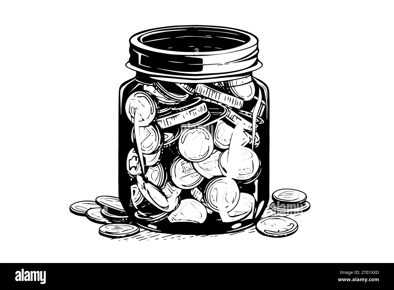 Full jar of coin hand drawn ink sketch. Engraved vector illistration. Stock Vector