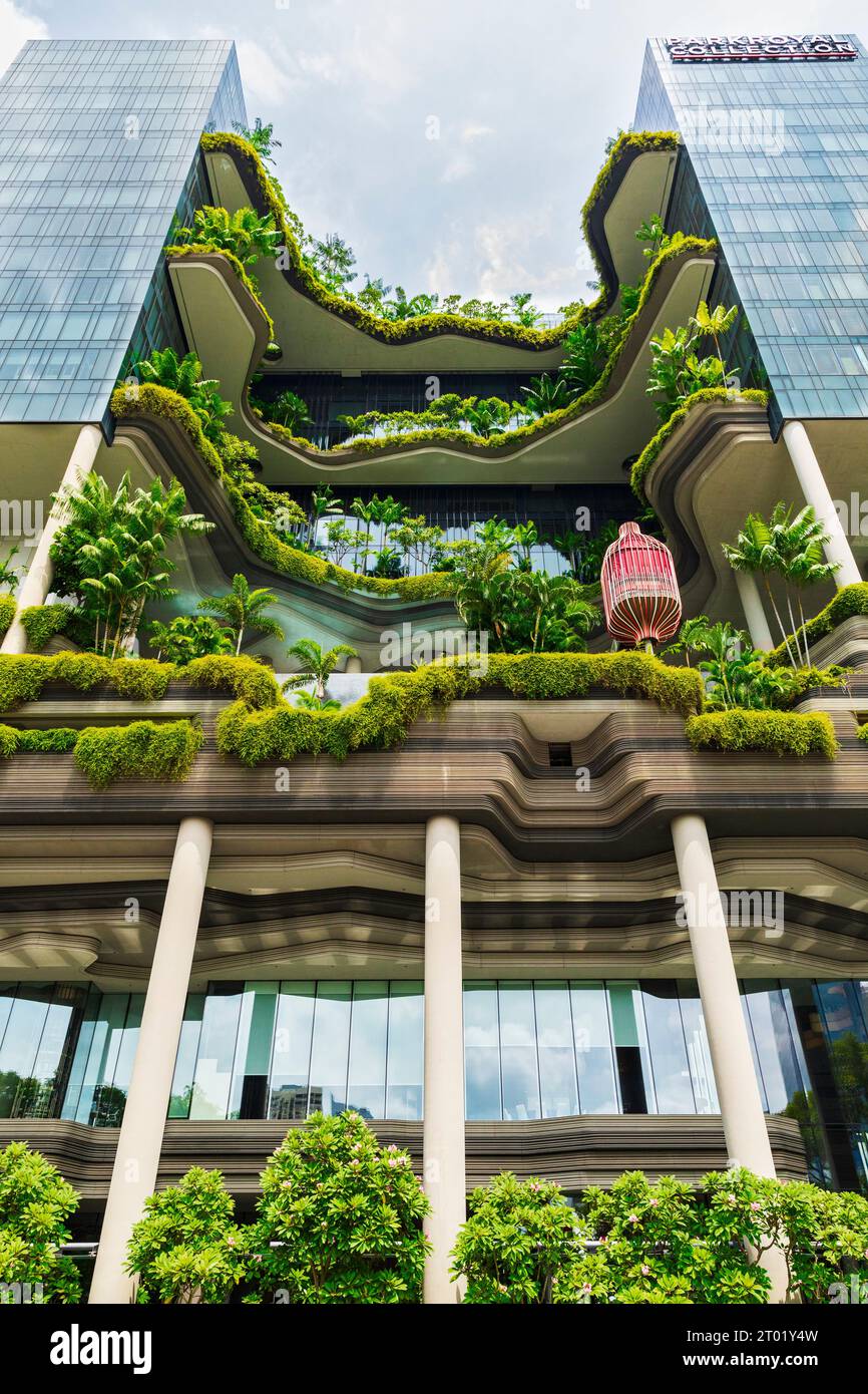 Hotel Park Royal on Pickering, Singapore.  Landscape design includes tiered façade planted with tropical ferns and creeping vines. Stock Photo