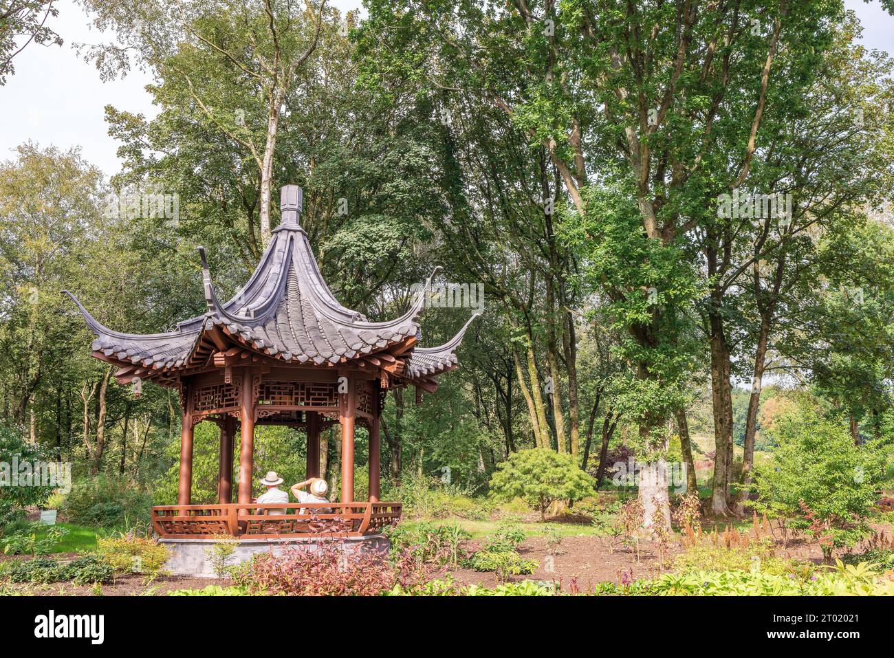 Qing Yin Pavilion - authentically-built Chinese music pavilion in the grounds of  RHS Garden Bridgewater. Stock Photo