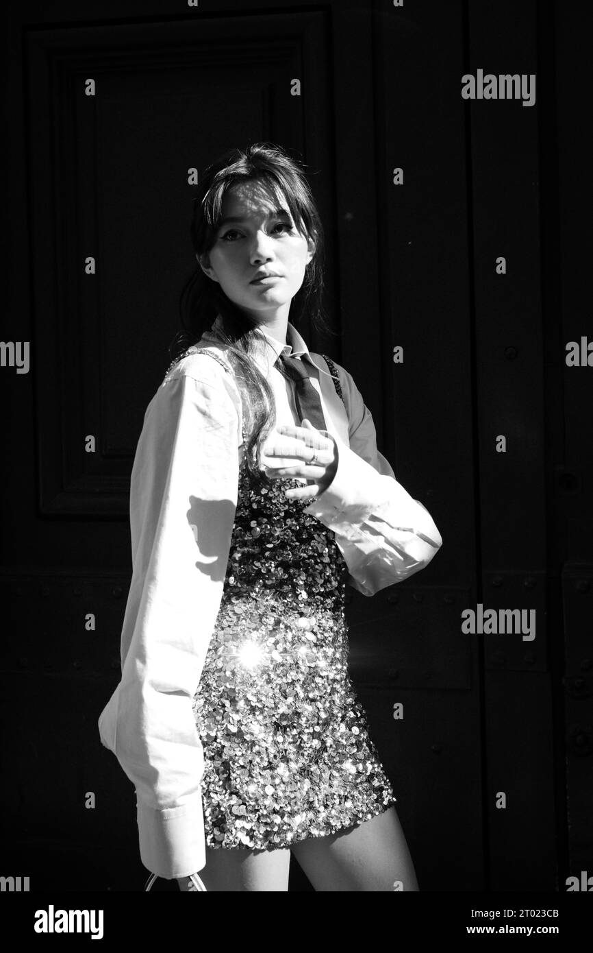 Actress Lily Chee in a sequin dress at the Valentino fashion show