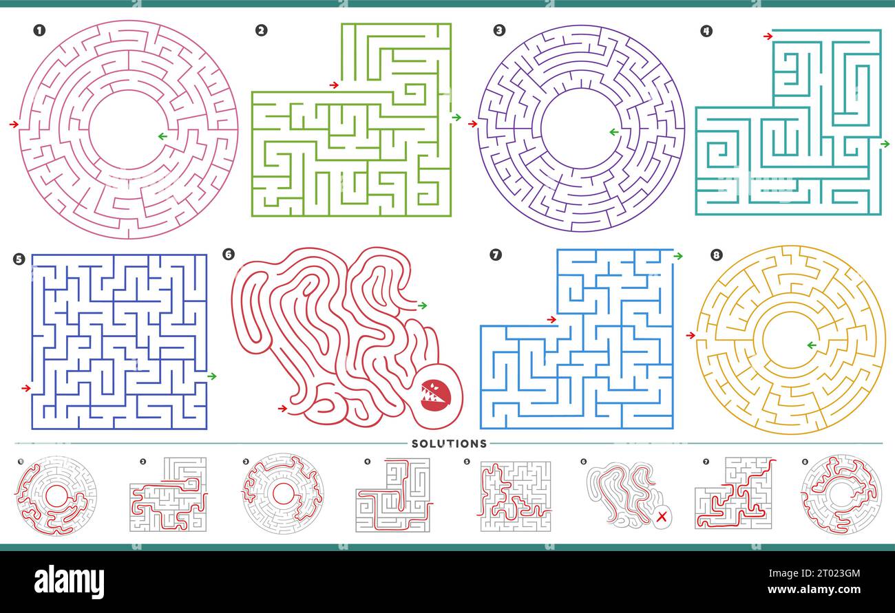 Illustration of maze puzzle activities graphs set with solutions Stock