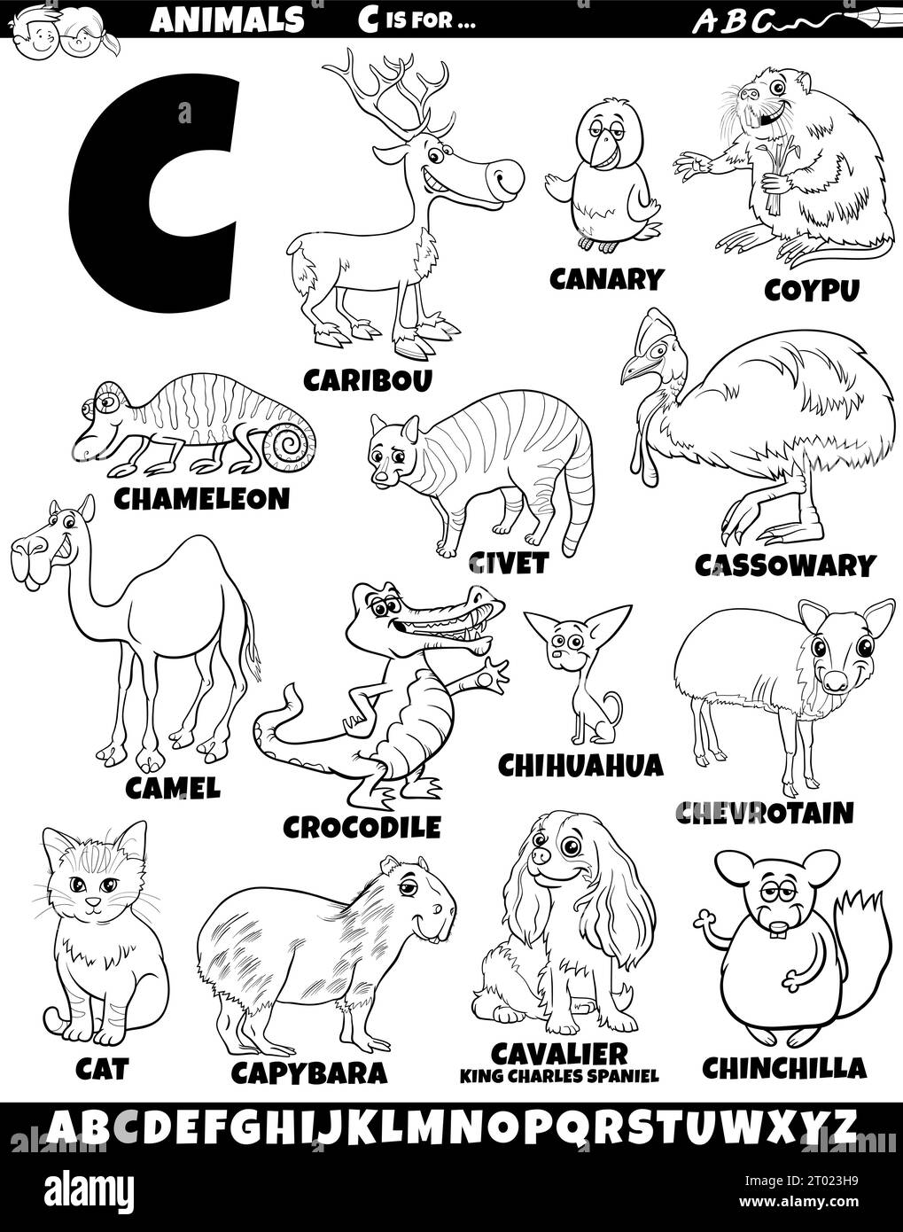 Cartoon illustration of animal characters set for letter C coloring page Stock Vector