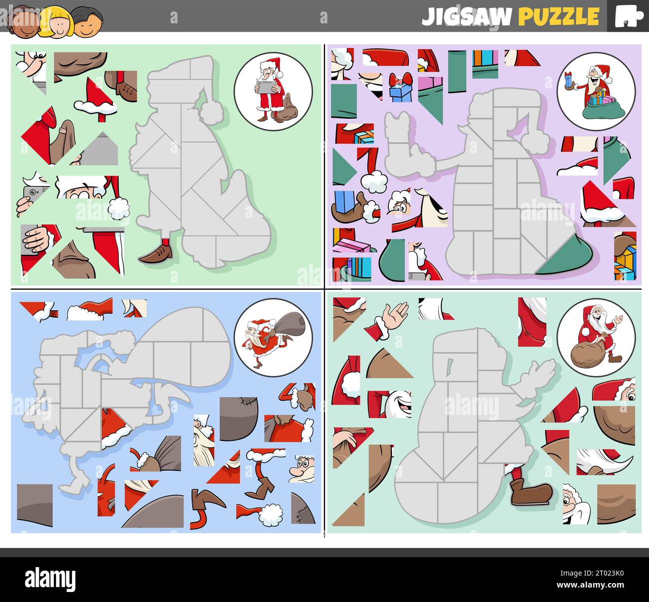 Cartoon illustration of educational jigsaw puzzle games set with Santa ...