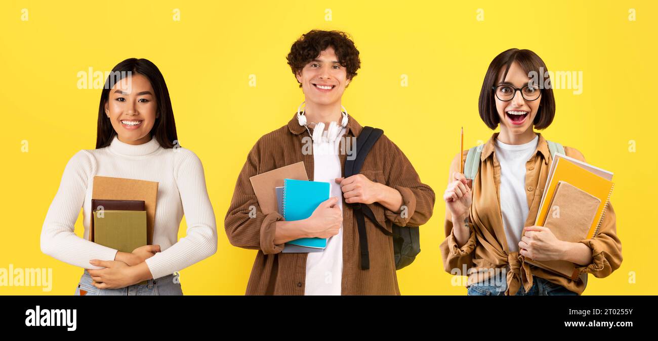 Studyad Study Ad. Happy Excited Multiethnic Students Posing Over Yellow Studio ...