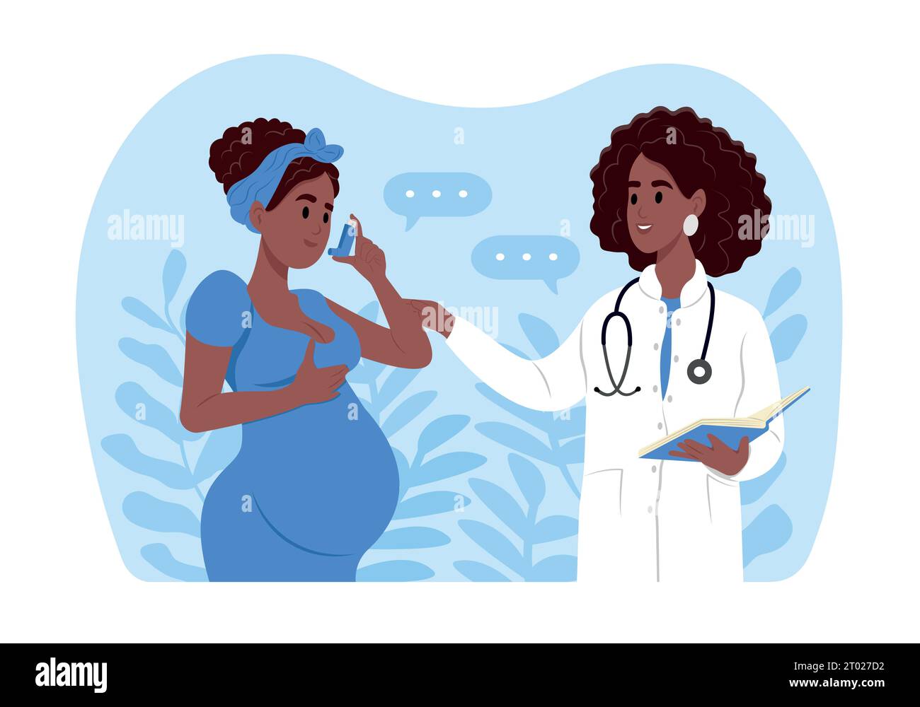 The doctor tells a pregnant woman how to use an inhaler during an