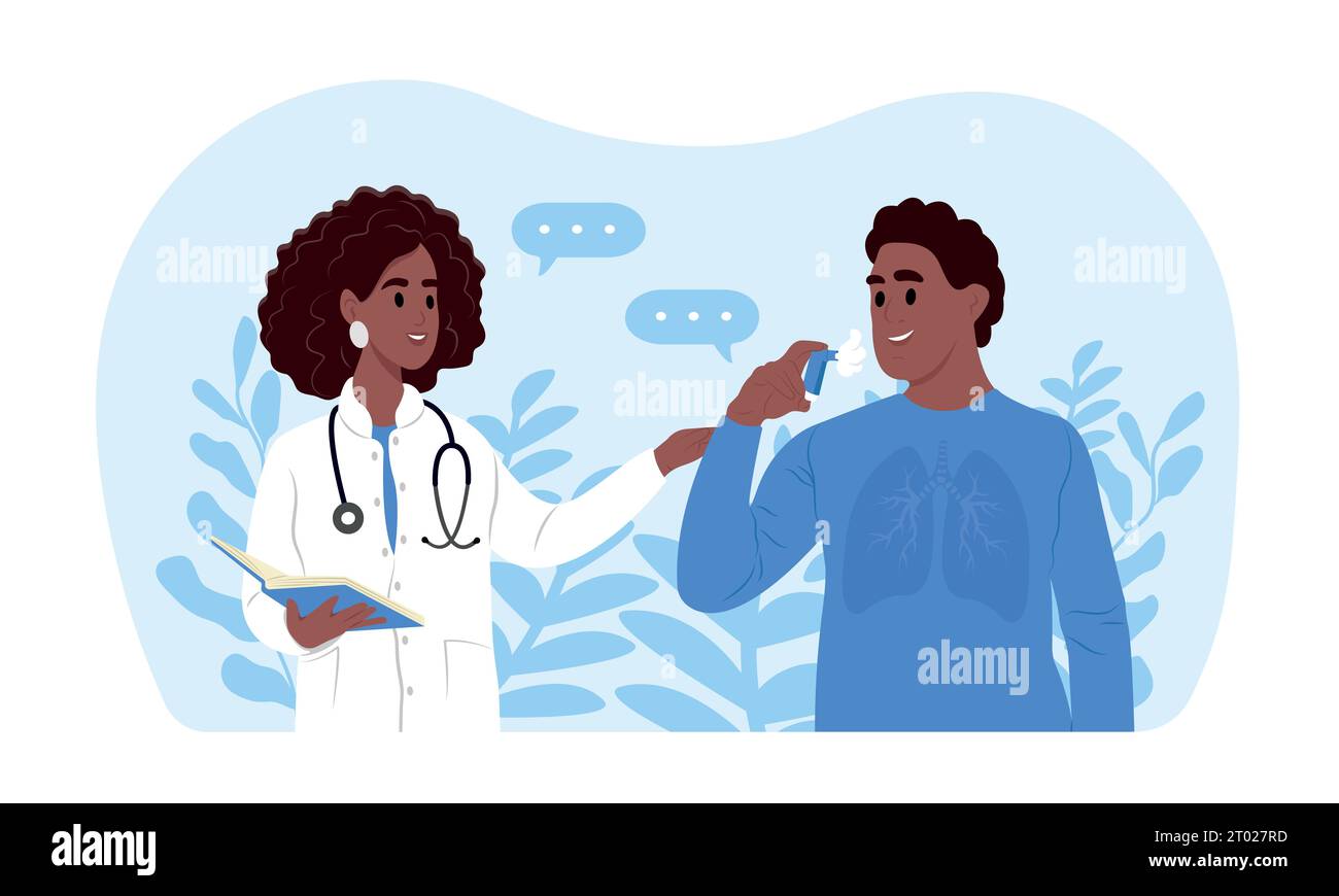 Bronchial asthma. A doctor tells his patient how to use an inhaler